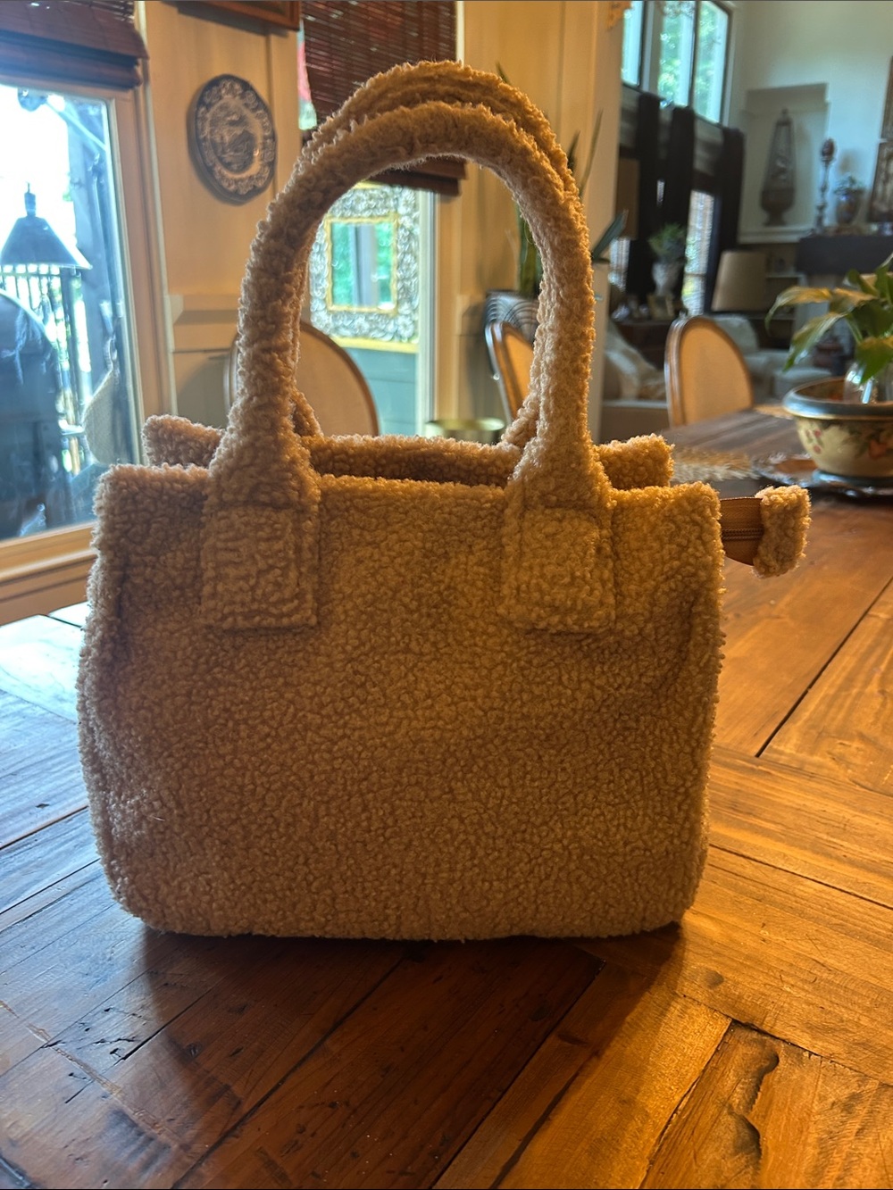 Plush Sherpa Tote Bag in Camel